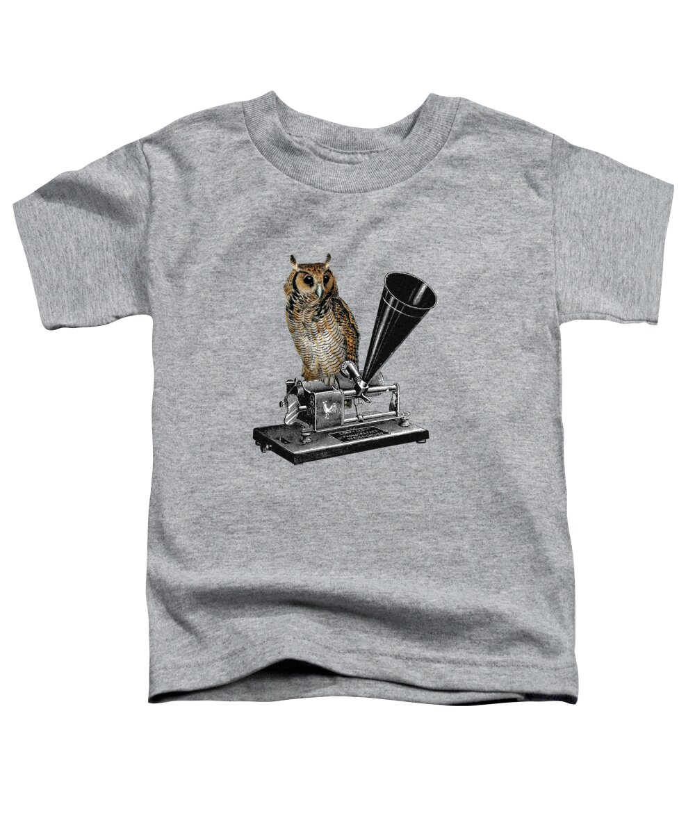 Owl Toddler T-Shirt featuring the digital art Horned Owl On Phonograph by Madame Memento