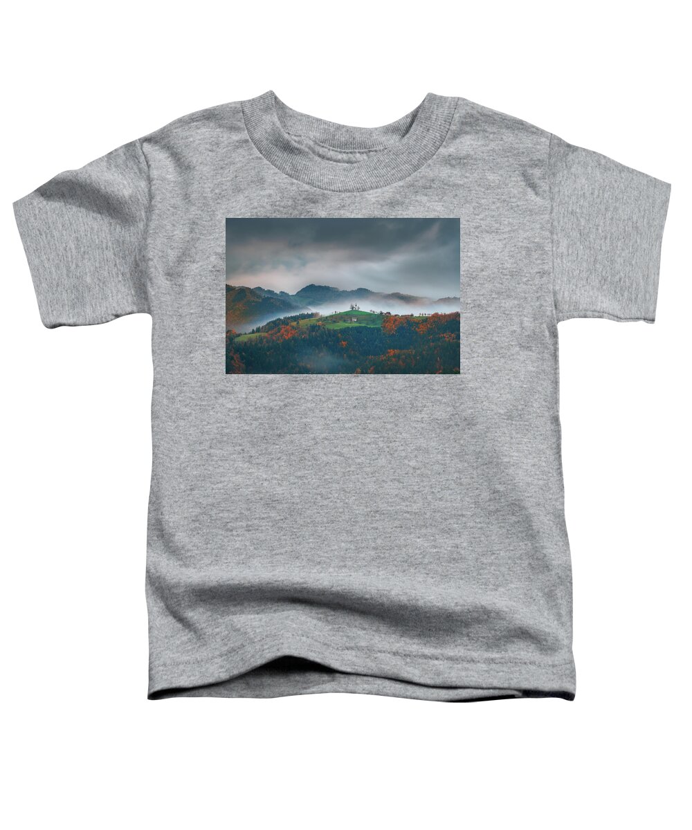 Church Toddler T-Shirt featuring the photograph Autumn morning at slovenia by Henry w Liu