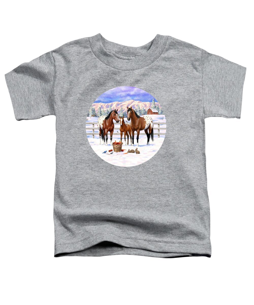 Horses Toddler T-Shirt featuring the painting Bay Appaloosa Horses In Snow by Crista Forest