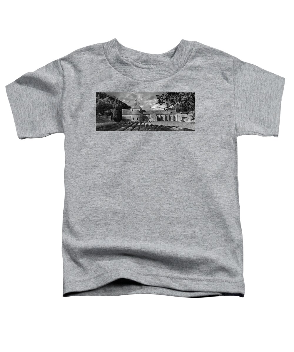 Senanque Abbey Toddler T-Shirt featuring the photograph Sacred Stone - Black and white photo of the Romanesque Senanque Abbey by Paul E Williams