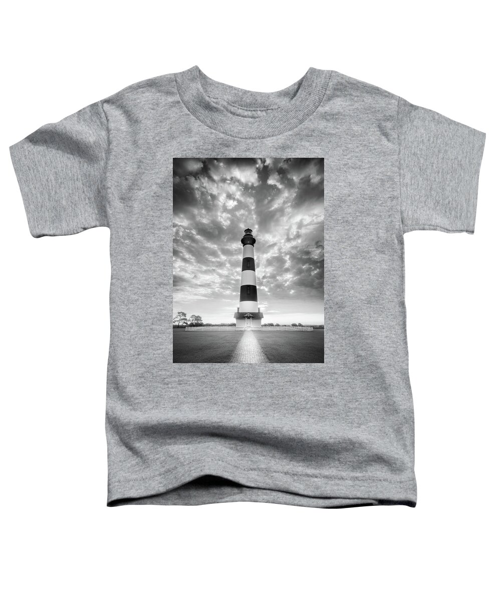Bodie Island Lighthouse Toddler T-Shirt featuring the photograph Bodie Island Lighthouse OBX Outer Banks NC Black And White by Jordan Hill