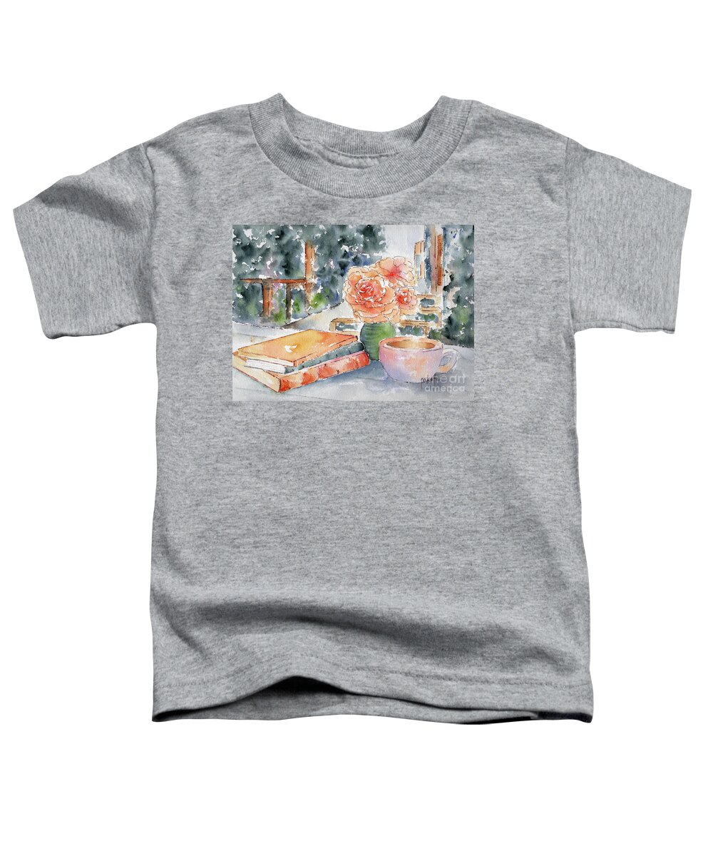 Coffee Signs Toddler T-Shirt featuring the painting Books Coffee And Peach Roses In The Garden by Pat Katz