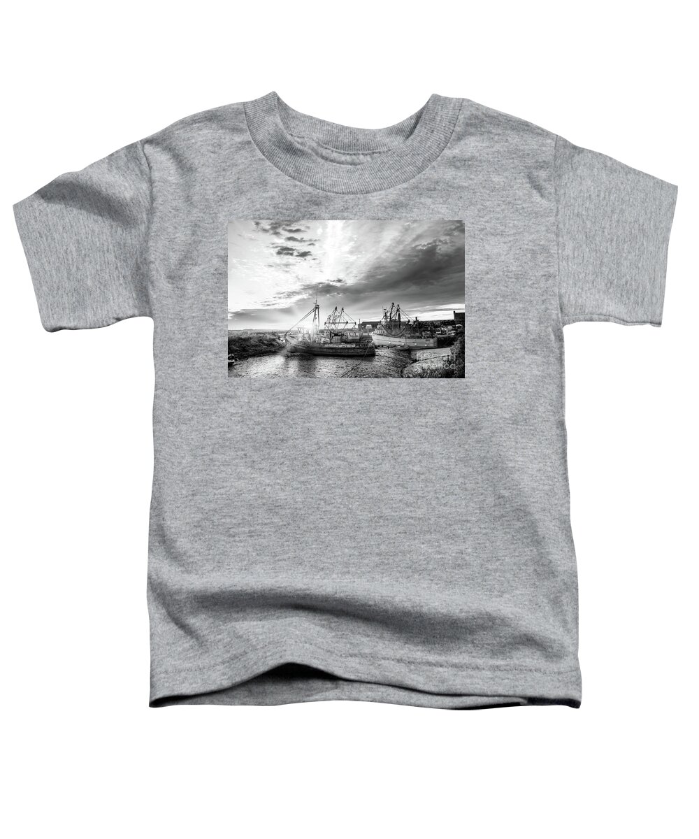 Norfolk Toddler T-Shirt featuring the photograph Brancaster Norfolk fishing trawlers at sunrise BW by Simon Bratt