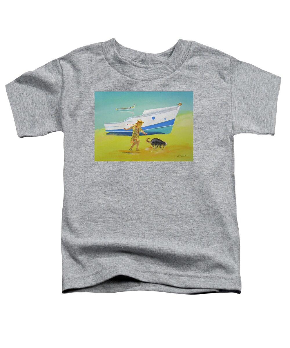 Girl Toddler T-Shirt featuring the painting Brightly Painted Wooden Boats by Charles Stuart
