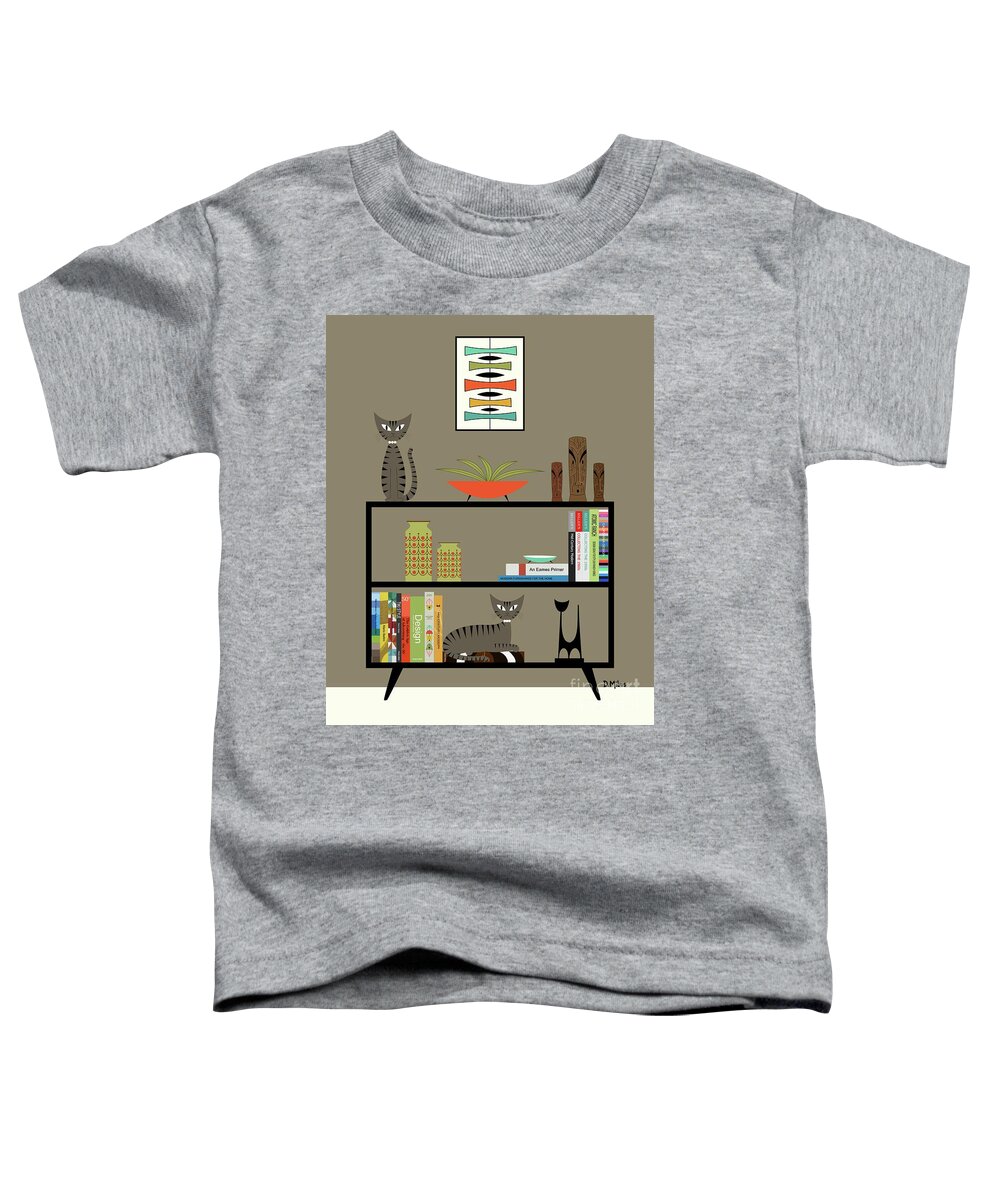 Mid Century Modern Brown Gray Tabby Cats Toddler T-Shirt featuring the digital art Brown Gray Tabby Cats on Bookcase by Donna Mibus