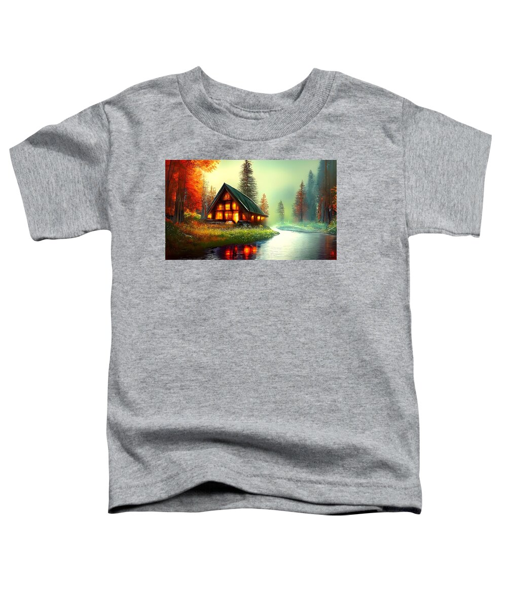 Digital Toddler T-Shirt featuring the digital art Cabin on a River by Beverly Read