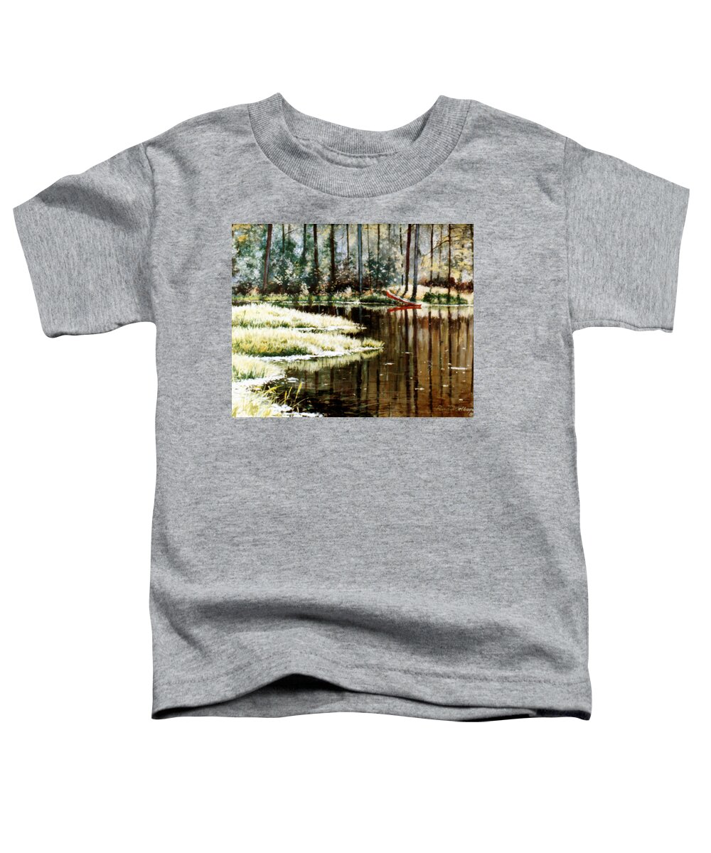 Canoe Toddler T-Shirt featuring the painting Canoe on Pond by Randy Welborn