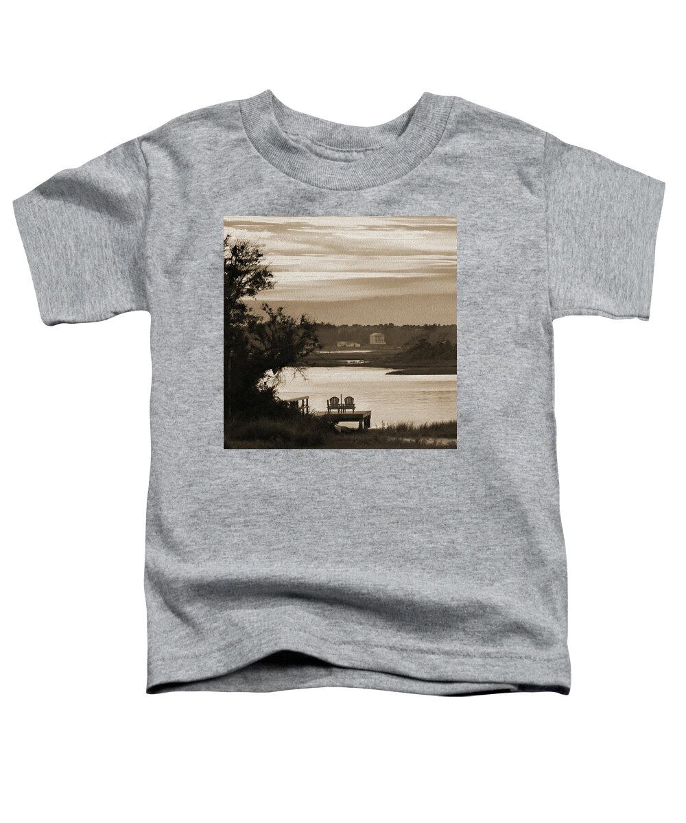 Beach Scene Toddler T-Shirt featuring the photograph Chairs on a Dock by Mike McGlothlen