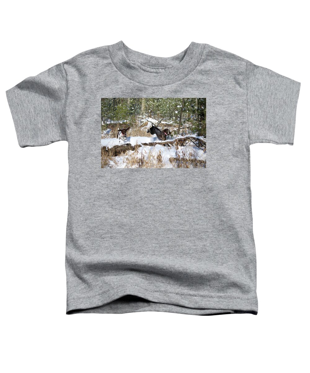 German Shorthaired Pointers Toddler T-Shirt featuring the photograph Chase with Shed Antler by Brook Burling