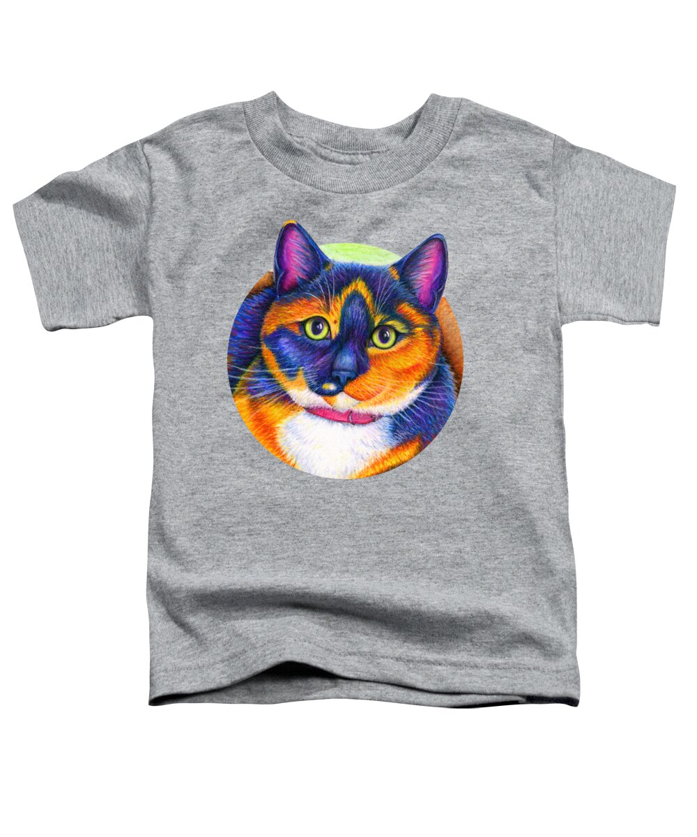Cat Toddler T-Shirt featuring the drawing Colorful Calico Cat by Rebecca Wang