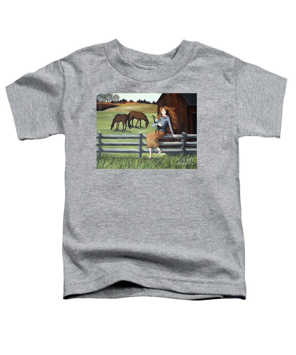 Country Toddler T-Shirt featuring the painting Country Girl farm horse cat by Debbie Criswell