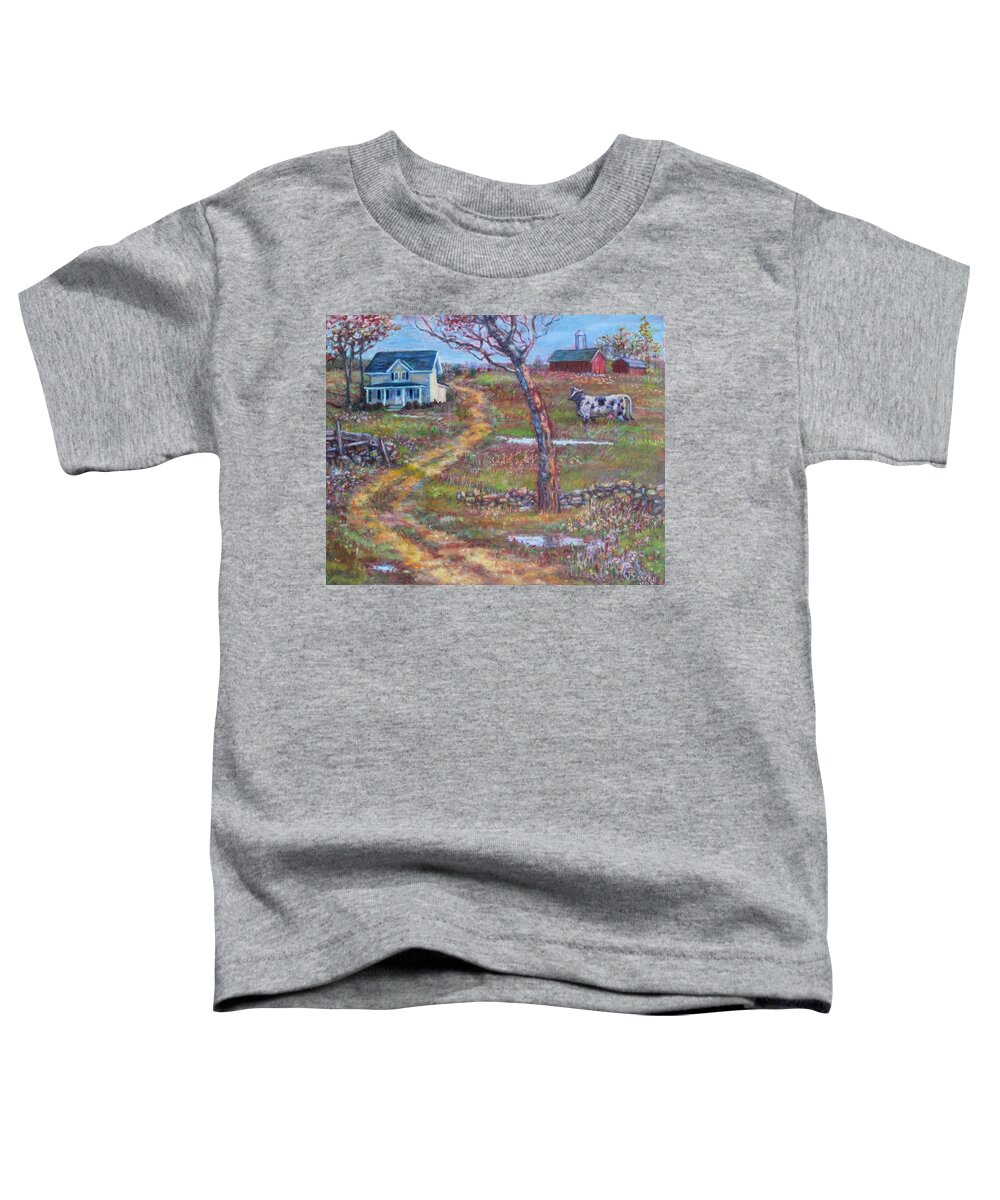 Farm Scene Toddler T-Shirt featuring the painting Cozy Little Farm by Veronica Cassell vaz