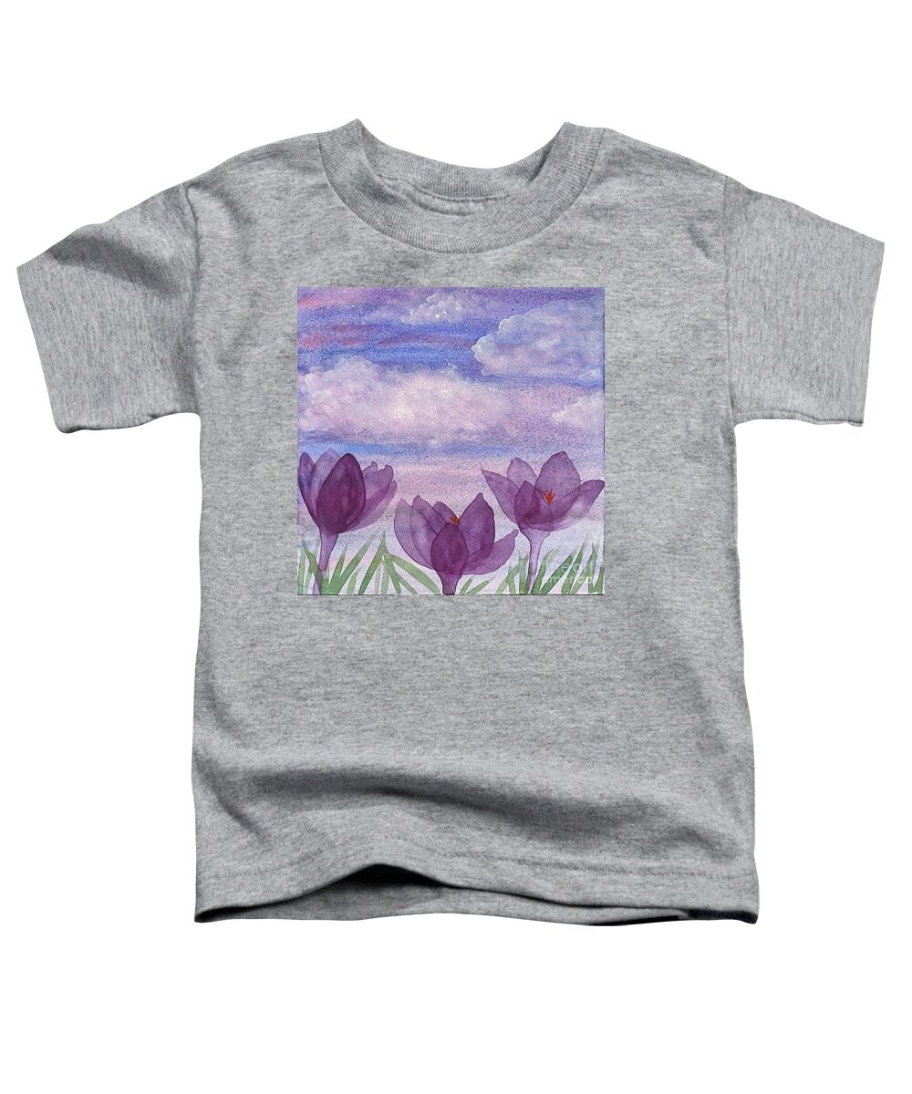 Crocuses Toddler T-Shirt featuring the painting Crocuses and Clouds by Lisa Neuman