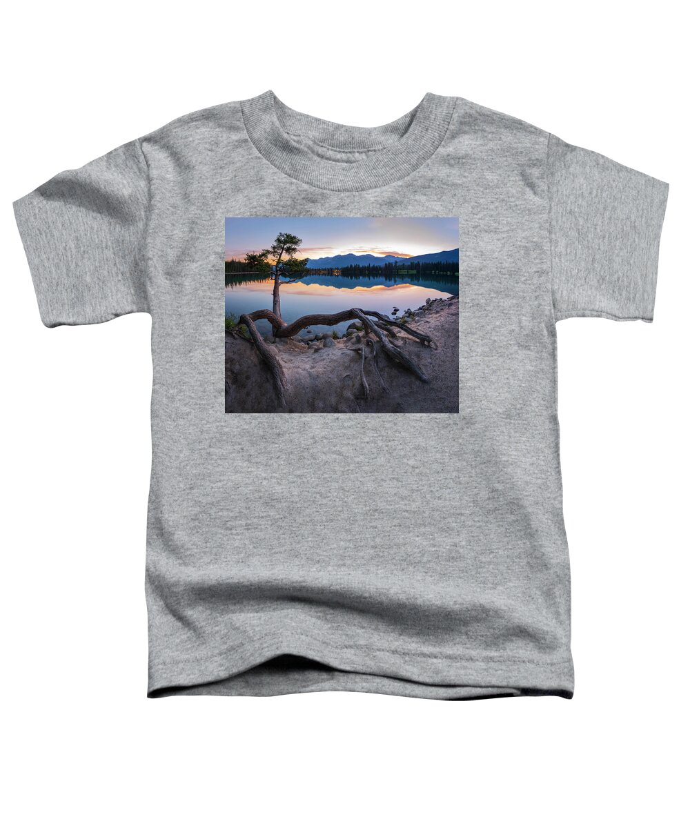 Alberta Toddler T-Shirt featuring the photograph Curved Tree-Sunrise View of Lac Beauvert, Jasper National Park, Alberta, Canada by Yves Gagnon