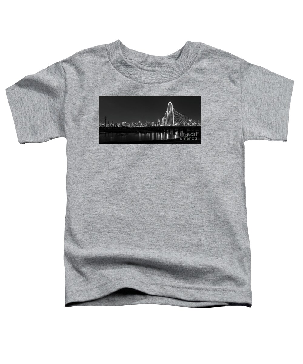 Dallas Toddler T-Shirt featuring the photograph Dallas Skyline Night Pano Grayscale by Jennifer White