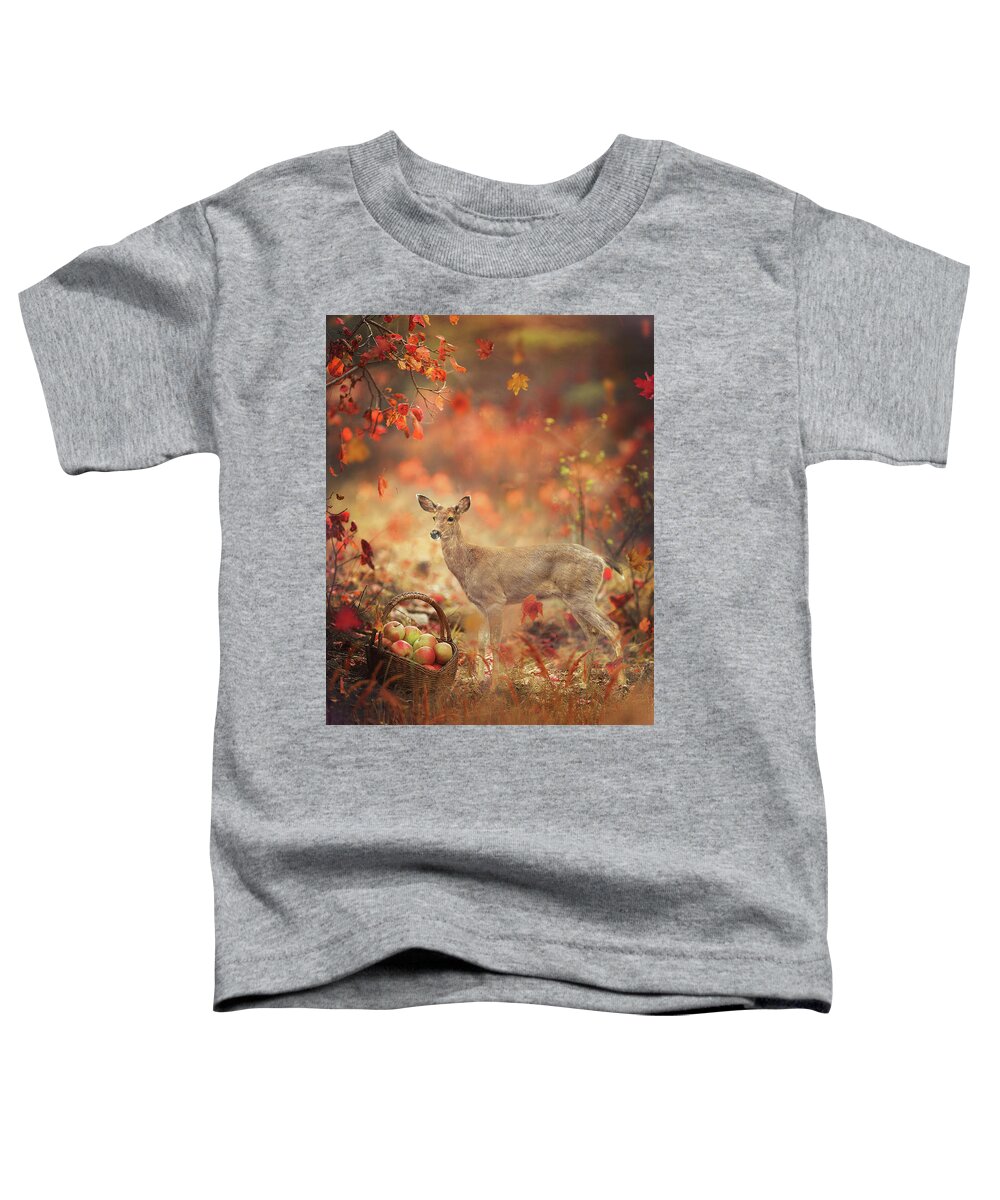 Deer Toddler T-Shirt featuring the photograph Deer in Apple Orchard by Rebecca Cozart