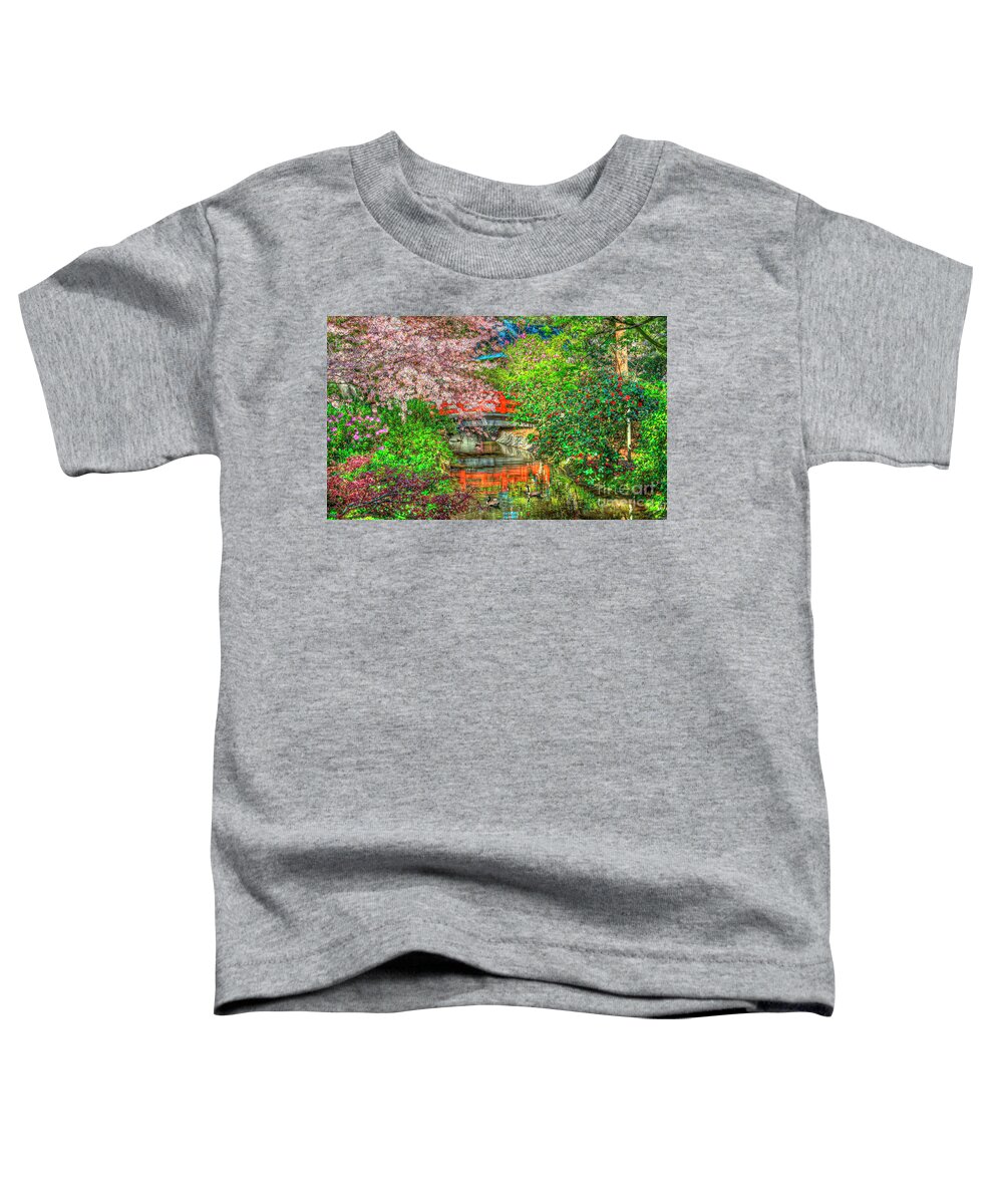 Descanso Gardens Features Nine Botanical Collections Toddler T-Shirt featuring the photograph Descanso Gardens Cherry Blossoms stream by David Zanzinger