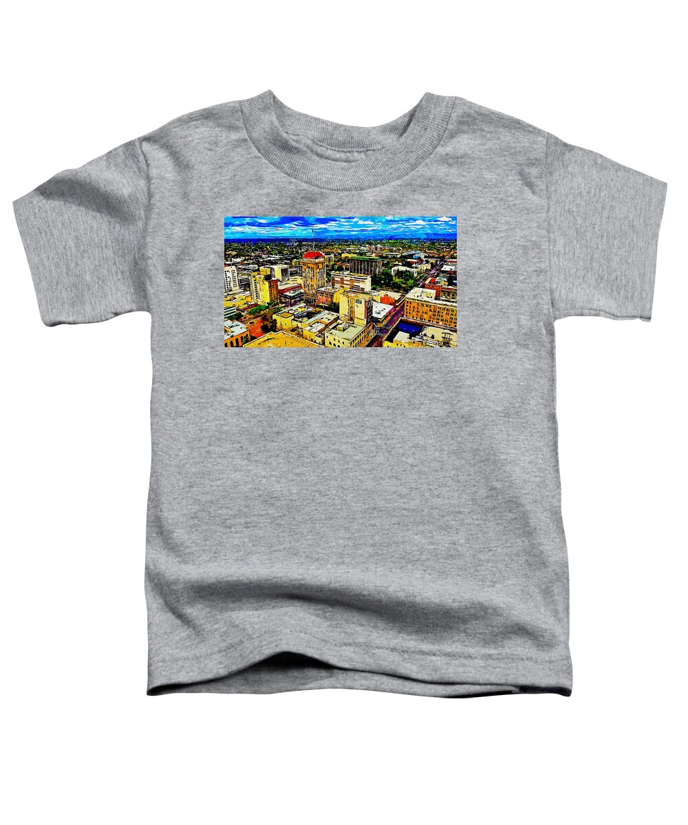 Fresno Toddler T-Shirt featuring the digital art Downtown Fresno, California - impressionist painting by Nicko Prints