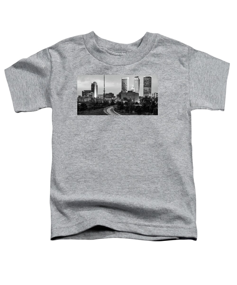 Downtown Tulsa Toddler T-Shirt featuring the photograph Downtown Tulsa Oklahoma City Skyline Panorama - Black and White by Gregory Ballos