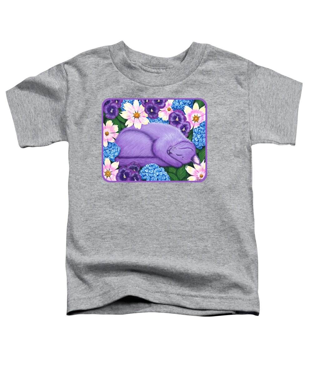 Dreaming Toddler T-Shirt featuring the painting Dreaming Sleeping Purple Cat Spring Flowers by Carrie Hawks