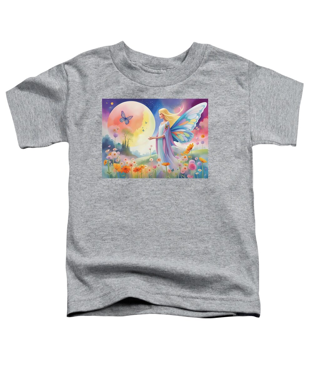 Fairy Toddler T-Shirt featuring the digital art Fairy, butterfly and flowers by Meir Ezrachi