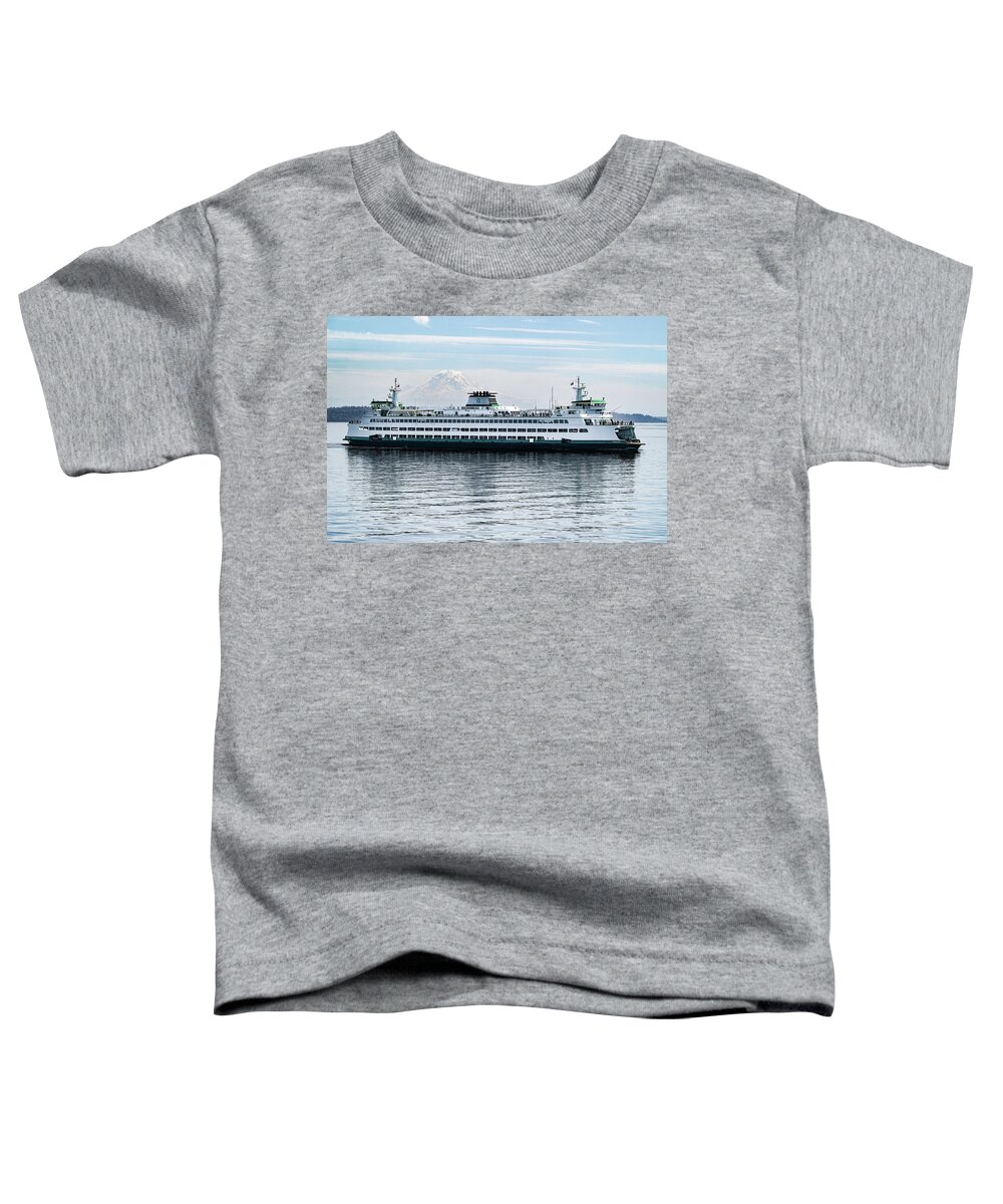 Ferry Toddler T-Shirt featuring the photograph Ferry passes Mt. Rainier by Jerry Cahill