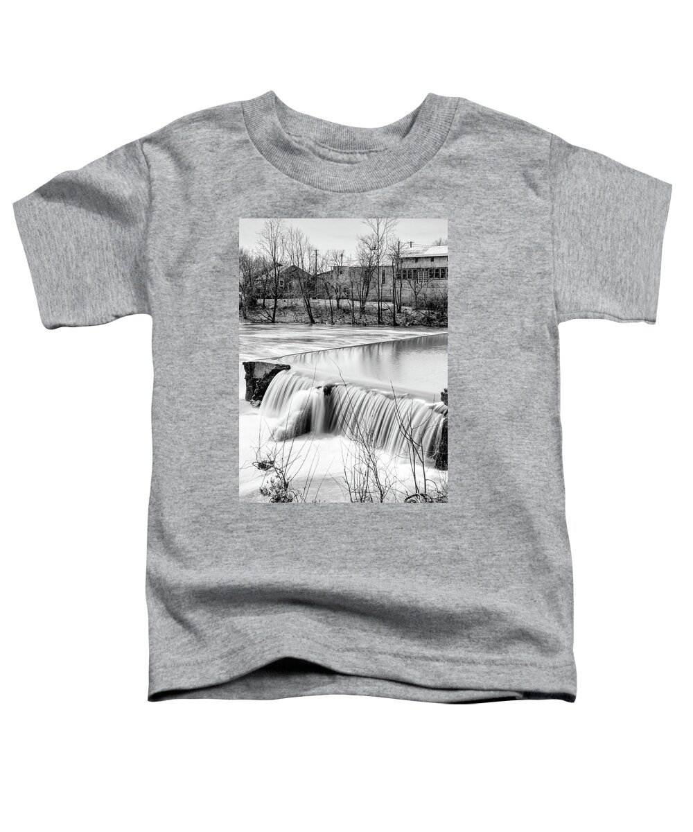 Waterfall Toddler T-Shirt featuring the photograph Finley River Dam By Ozark Mill Grayscale by Jennifer White