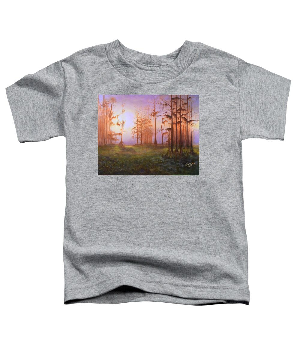 Florida Toddler T-Shirt featuring the painting Foggy Florida Cypress Sunrise by William Dickgraber