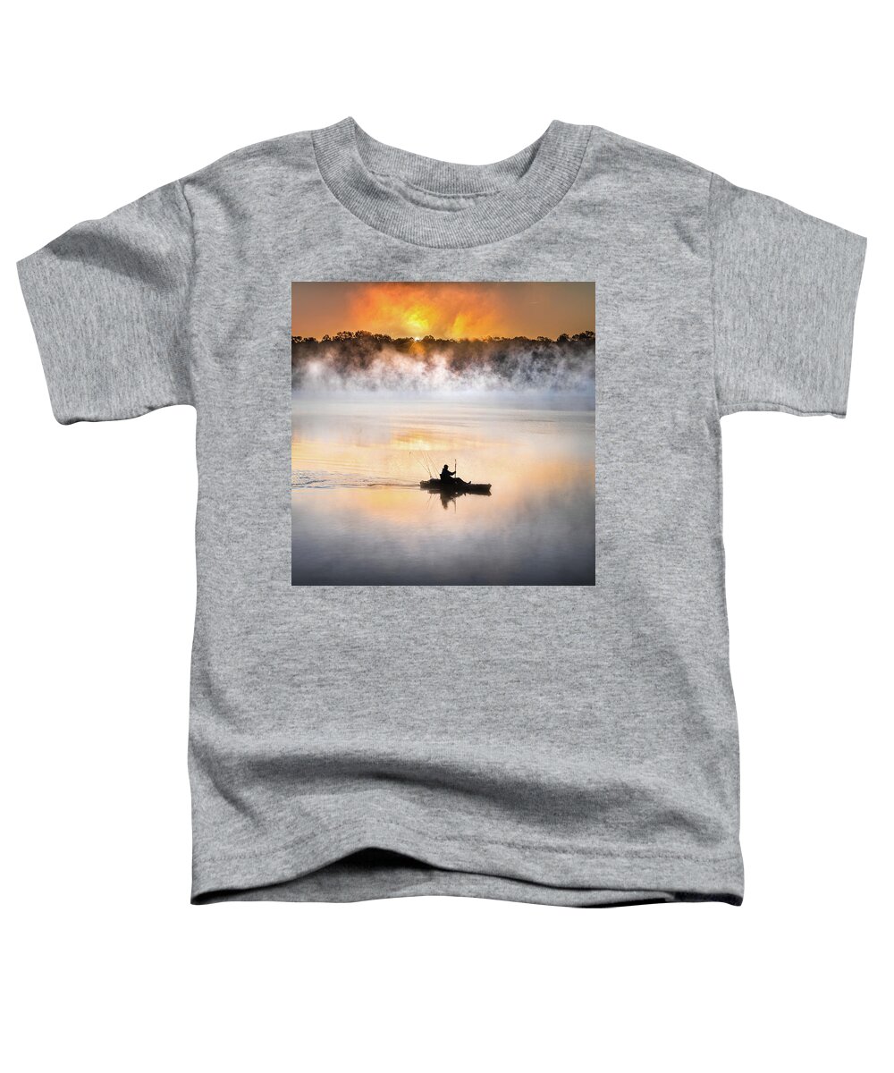 Lake Lamar Bruce Toddler T-Shirt featuring the photograph Foggy Morning Kayak Fisherman Sunrise Lake Mississippi by Jordan Hill