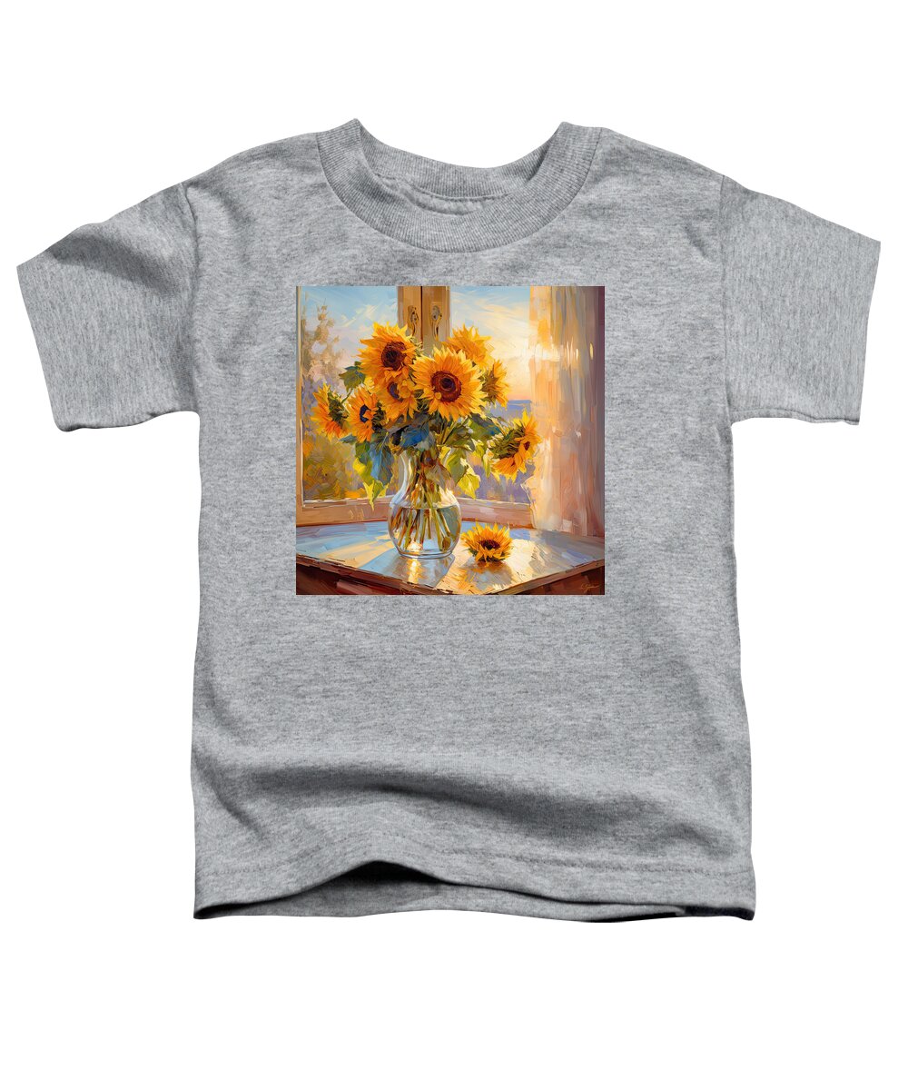 Sunflower Toddler T-Shirt featuring the digital art Golden Sunlight - Sunflowers in a Vase Paintings by Lourry Legarde