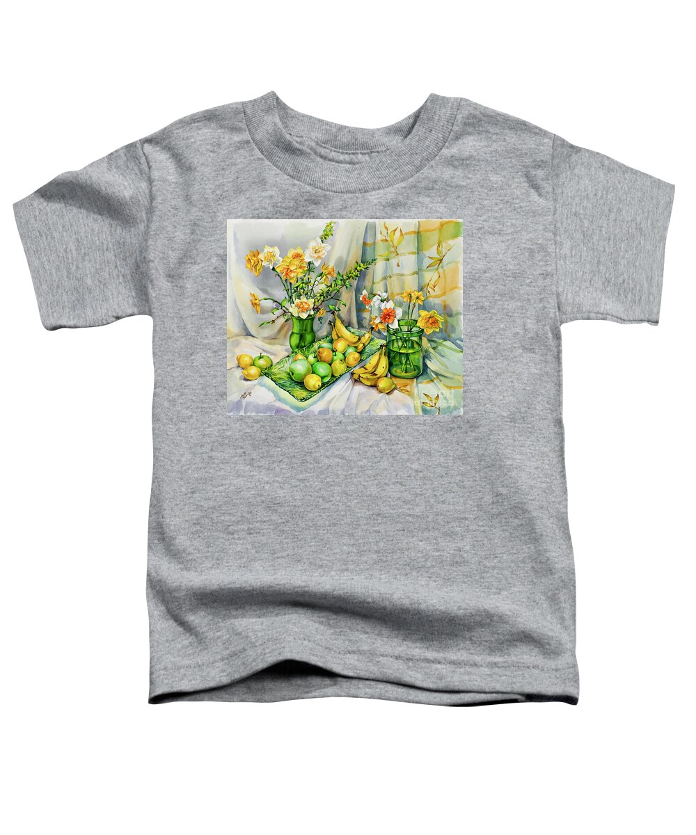 Green Toddler T-Shirt featuring the painting Green Yellow Still Life with Daffodils by Maria Rabinky