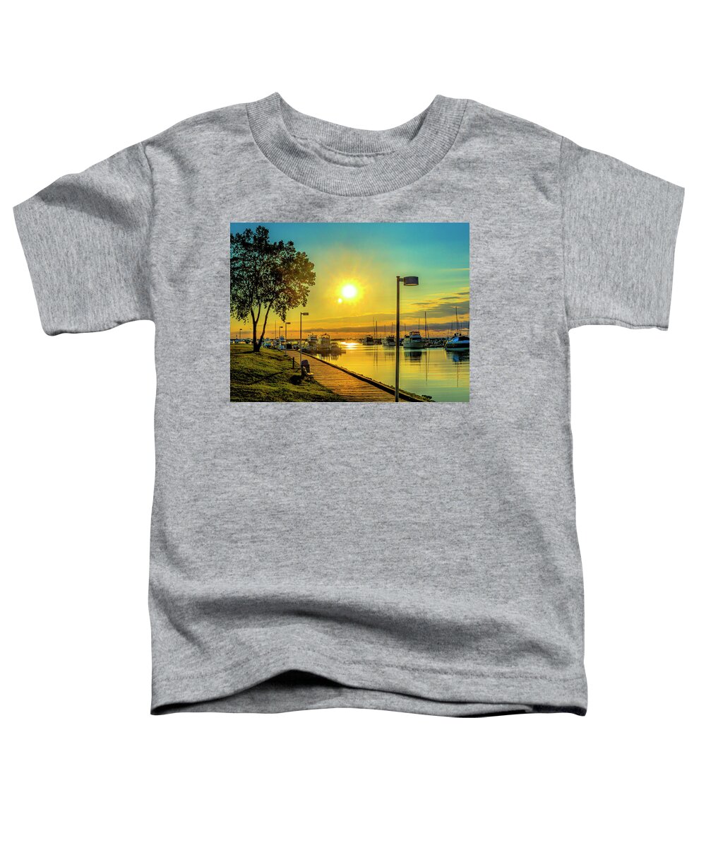 H.d.r. Hdr Sunrise Winthrop Harbor Illinois Tree Reflection Blue Yellow Boats Bench Boardwalk Toddler T-Shirt featuring the photograph H.D.R. Sunrise in Winthrop Harbor, Illinois by David Morehead