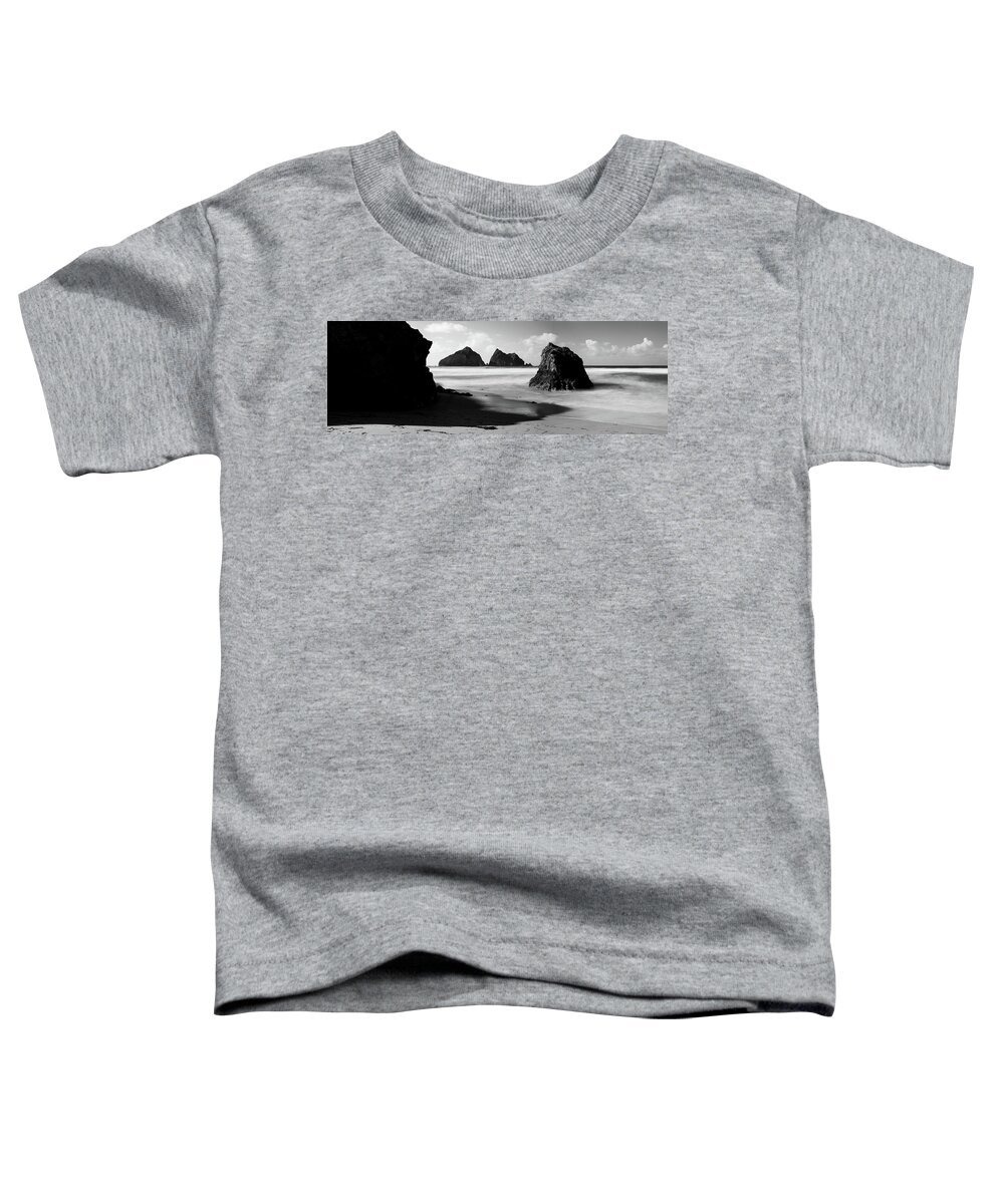 Cornwall Toddler T-Shirt featuring the photograph Holywell Beach and Gull Rock Cornwall Coast black and white by Sonny Ryse