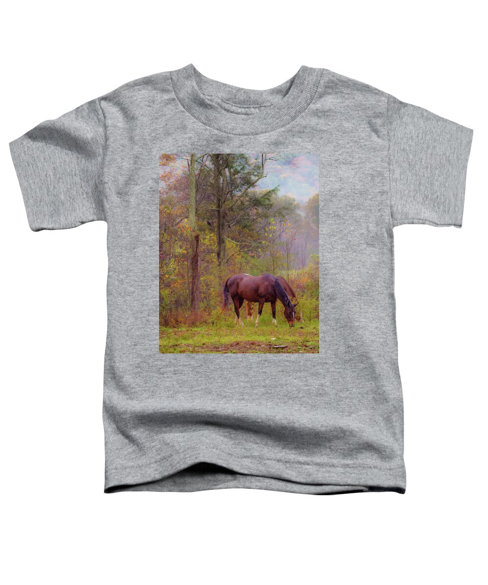 Cade's Cove Toddler T-Shirt featuring the photograph Horses in the Smokies by Darrell DeRosia