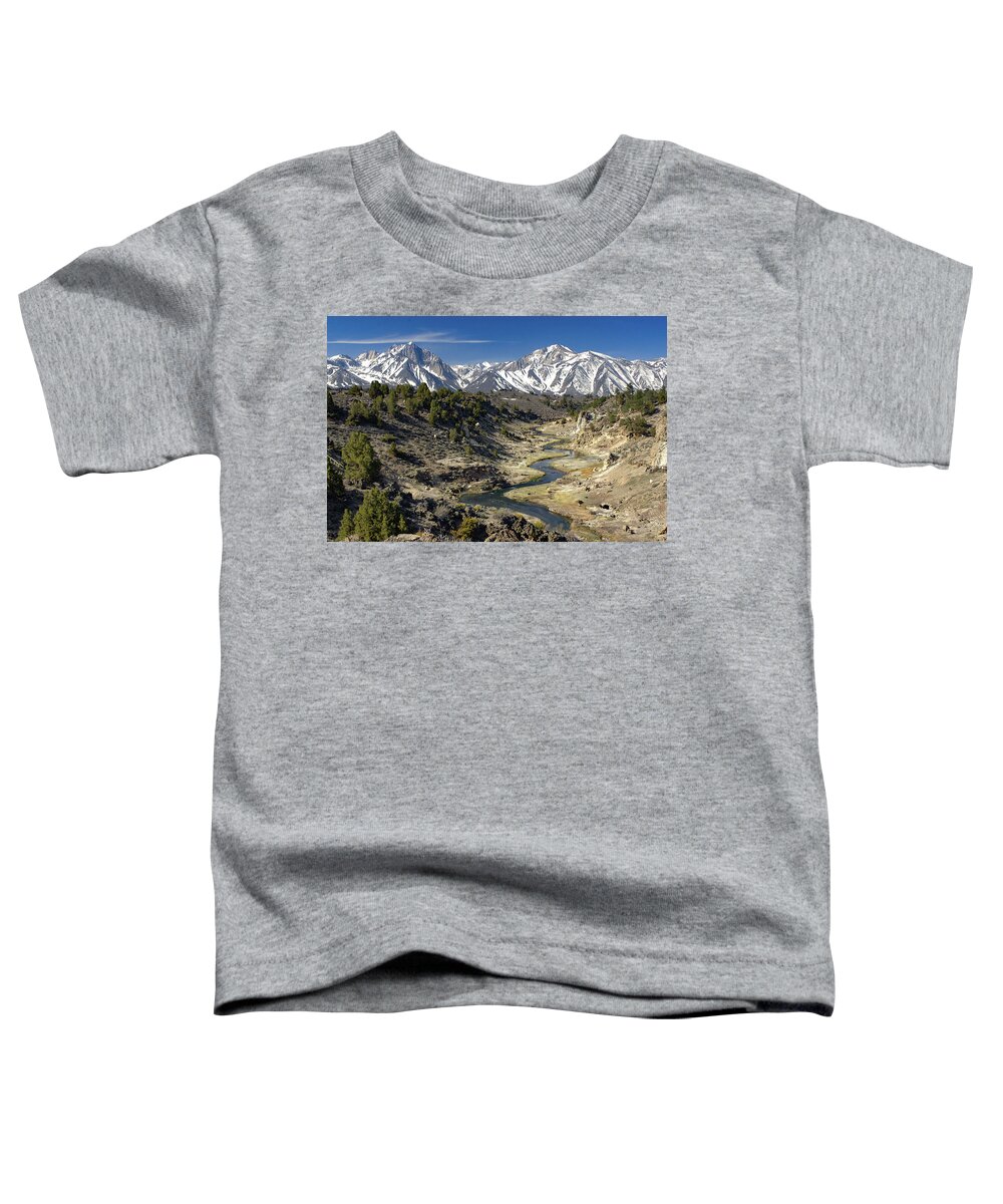 Hot Creek Toddler T-Shirt featuring the photograph Hot Creek and Snow Peaked Sherwin Range by Bonnie Colgan