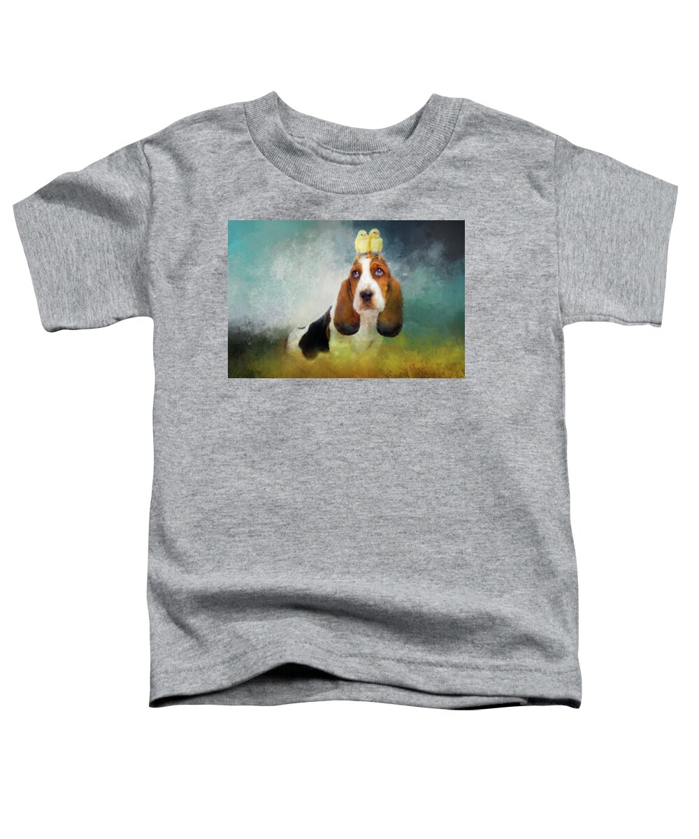 Basset Hound Toddler T-Shirt featuring the mixed media Hound and the Chicks by Ed Taylor