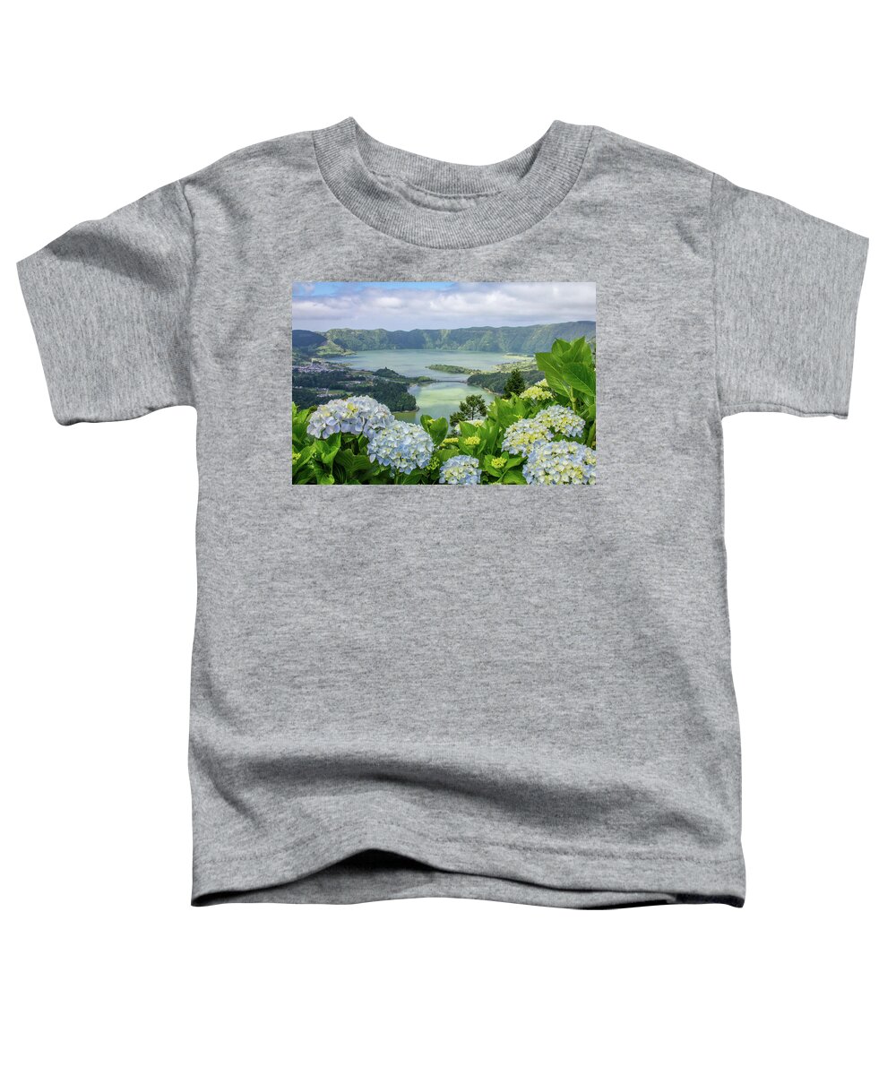 Hydrangea Toddler T-Shirt featuring the photograph Hydrangeas Overlooking Sete Cidades by Denise Kopko