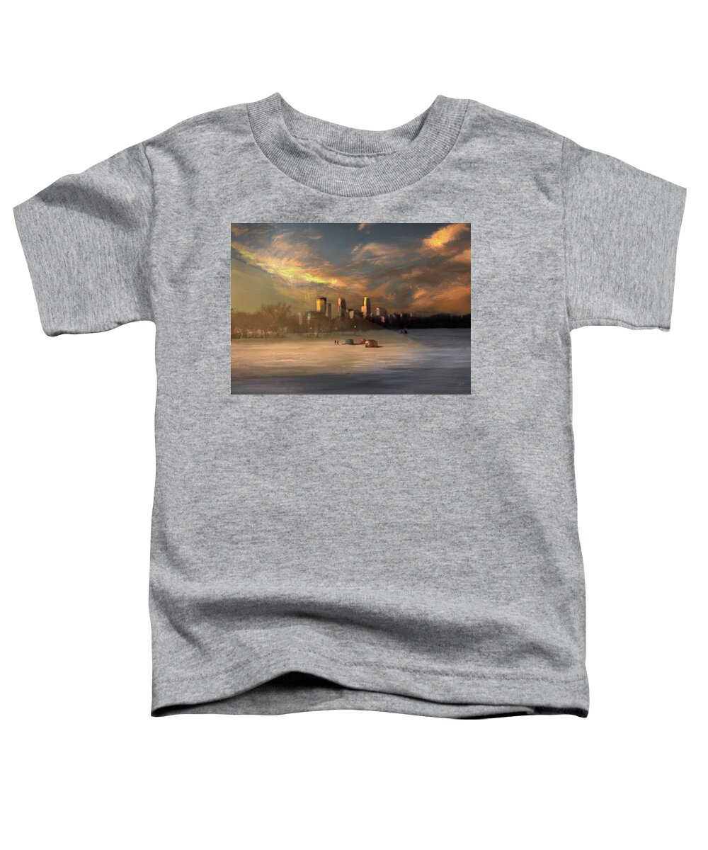 Lake Nokomis Toddler T-Shirt featuring the digital art Ice Fishing on Lake Nokomis at Sunset by Glenn Galen