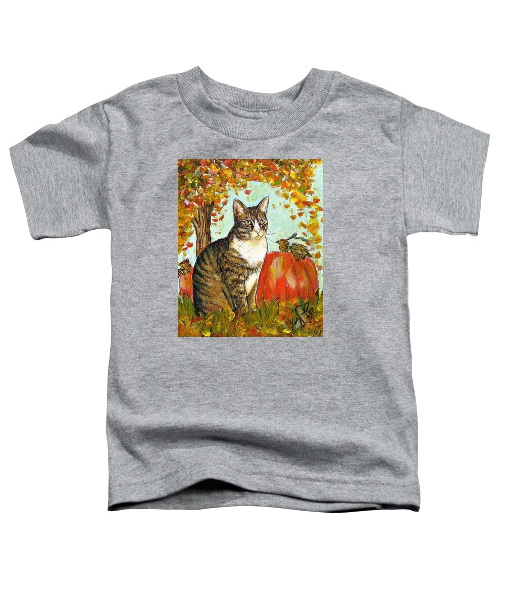 Cat Toddler T-Shirt featuring the mixed media Khatzu in the Pumpkin Patch by VLee Watson