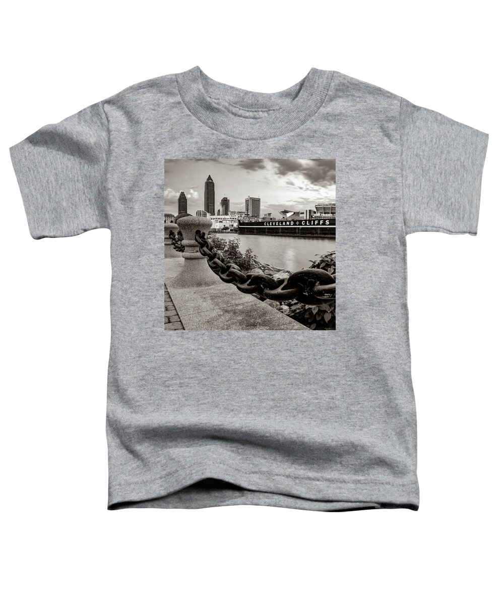 Cleveland Ohio Toddler T-Shirt featuring the photograph Lake Erie Waterfront View of The Cleveland Skyline - Sepia by Gregory Ballos
