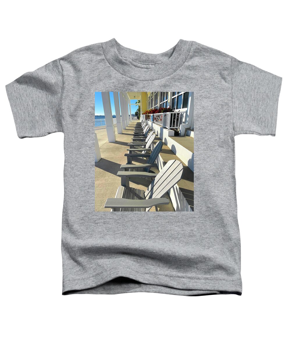 Chairs Toddler T-Shirt featuring the photograph Line of Adirondack Chairs by Debra and Dave Vanderlaan