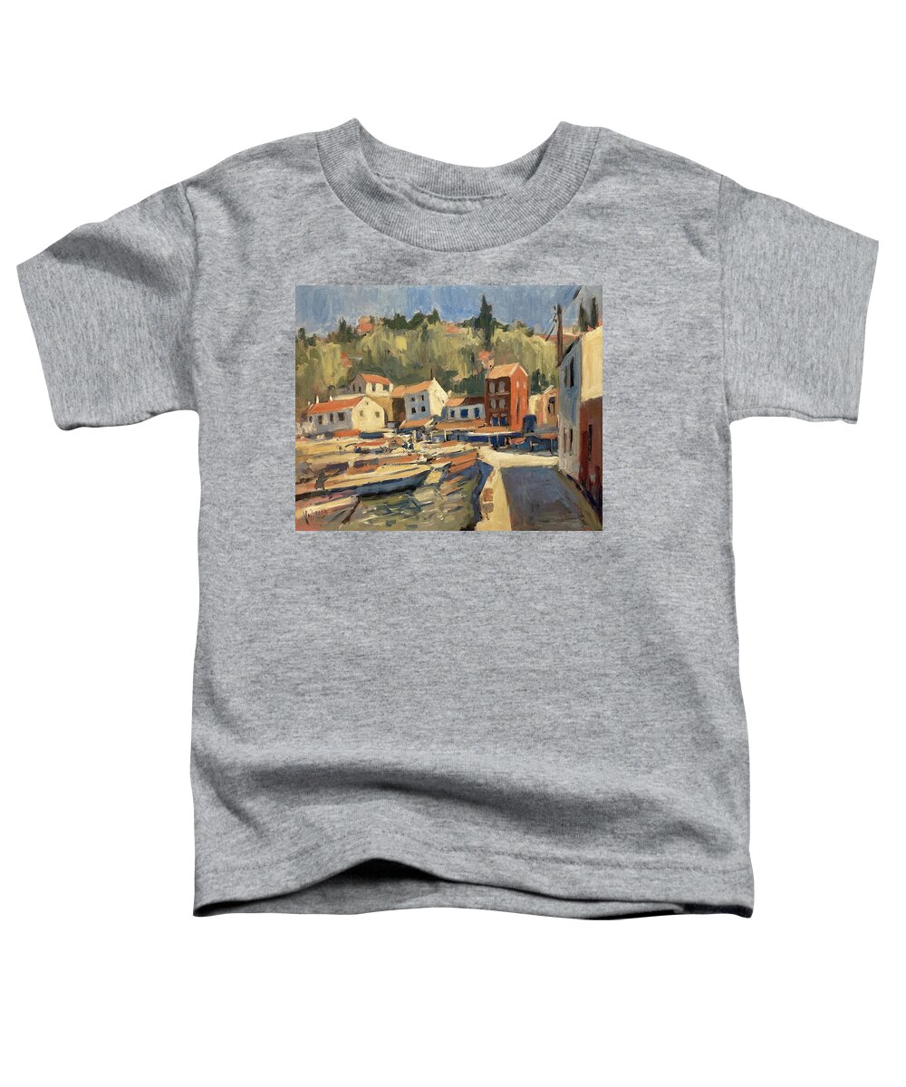 Harbour Toddler T-Shirt featuring the painting Loggos harbour village front by Nop Briex