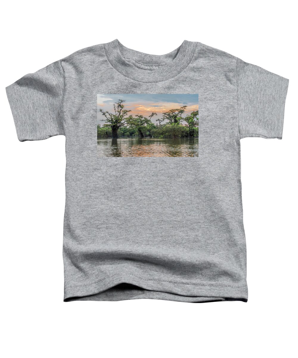 Amazon Toddler T-Shirt featuring the photograph Macrolobium trees Laguna Grande Cuyabeno and Cocoi heron by Henri Leduc