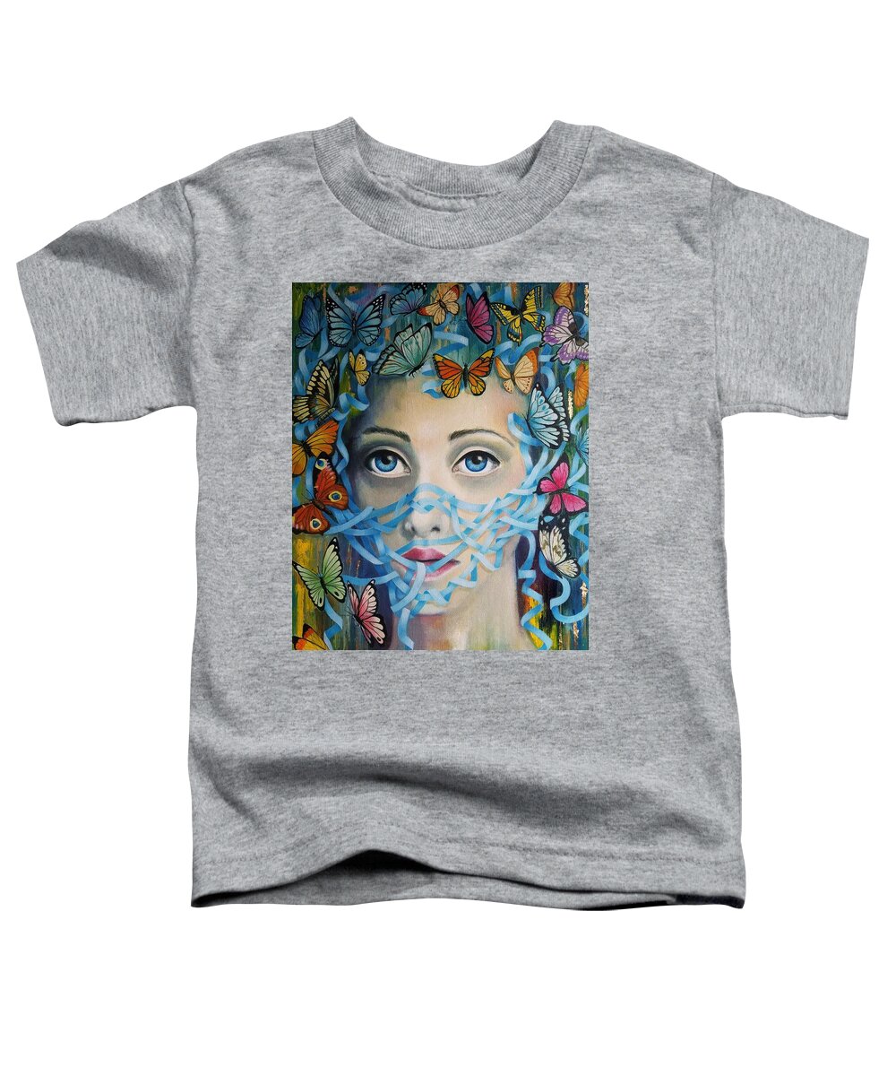 Mask Butterflies Blues Face Toddler T-Shirt featuring the painting Mask by Caroline Philp