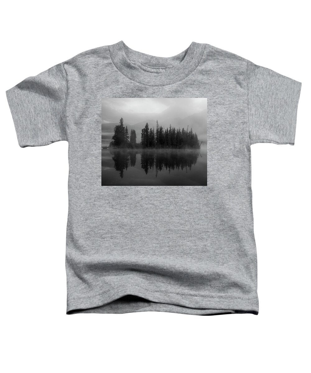 Moody Lake Toddler T-Shirt featuring the photograph Moody Forest Reflection Black And White by Dan Sproul