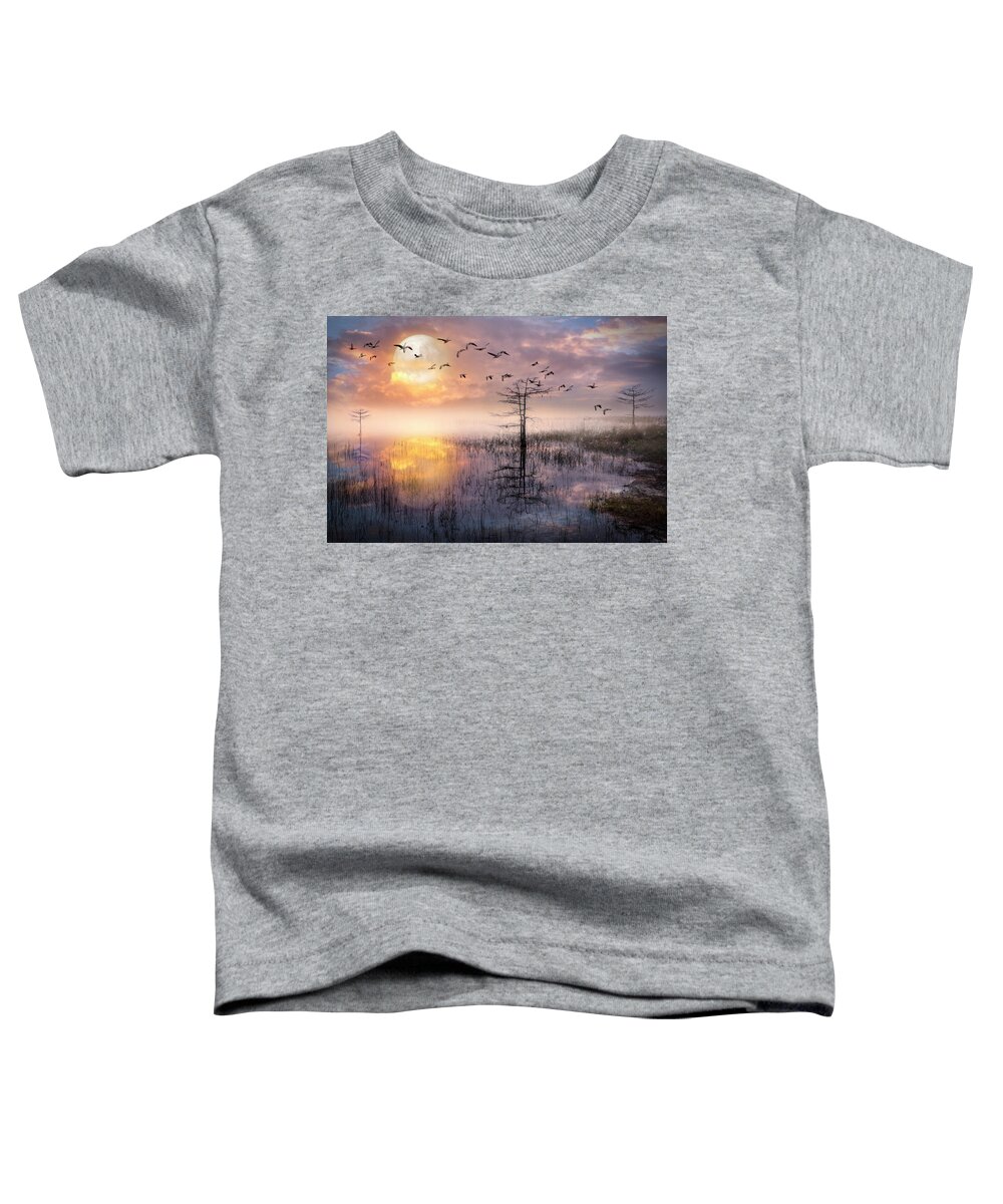 Birds Toddler T-Shirt featuring the photograph Moon Rise Flight by Debra and Dave Vanderlaan