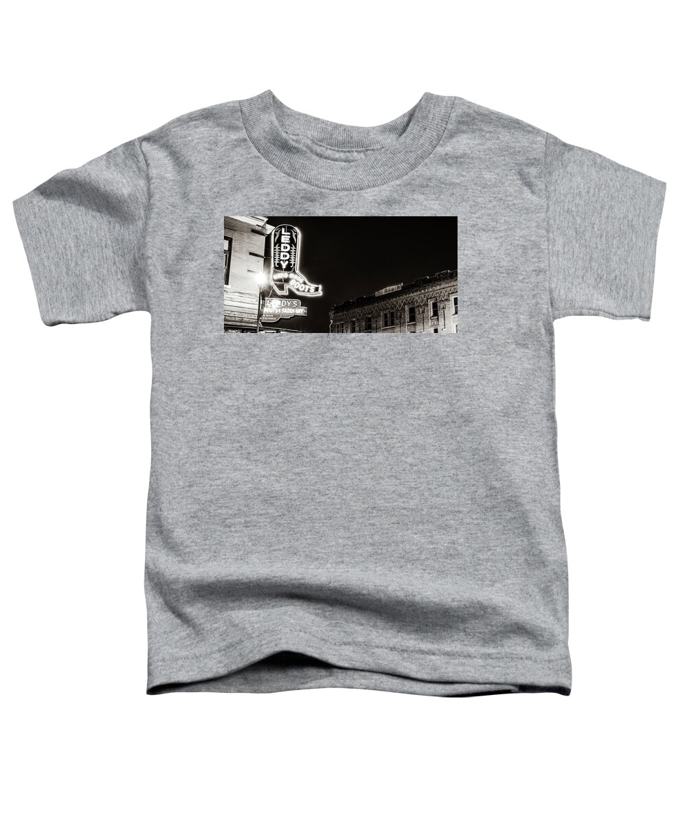 Panorama Toddler T-Shirt featuring the photograph Neon Stampede Sepia Panorama - Fort Worth's Soul Shines Brightest In The Stockyards by Gregory Ballos
