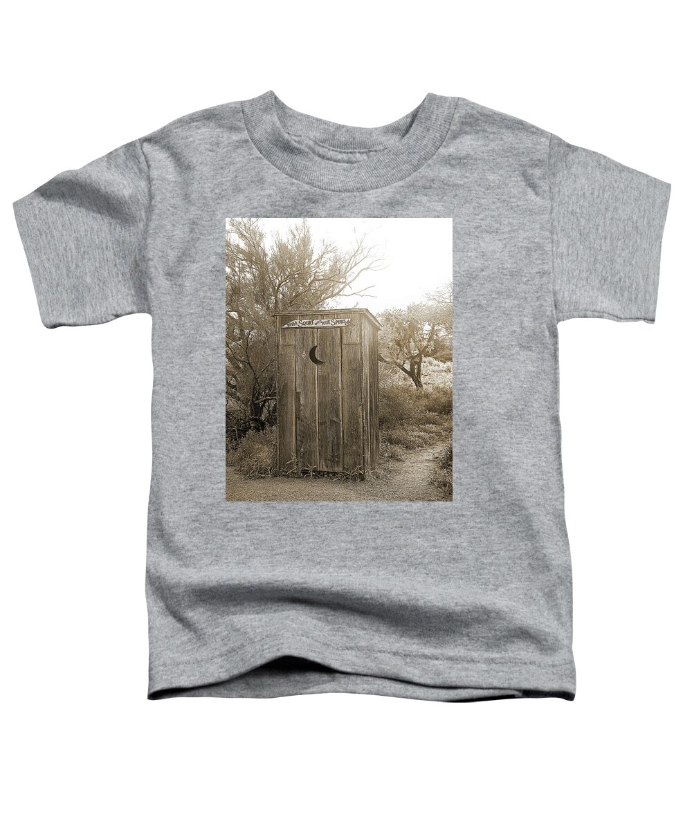 Outhouse Toddler T-Shirt featuring the photograph Never Squat With Your Spurs On, Sepia by Don Schimmel