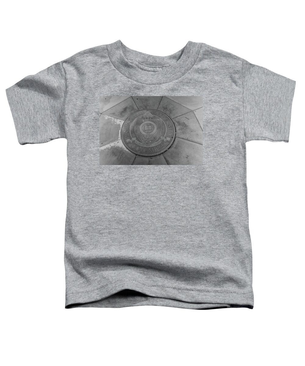 The Oval Toddler T-Shirt featuring the photograph Ohio State University seal in black and white by Eldon McGraw