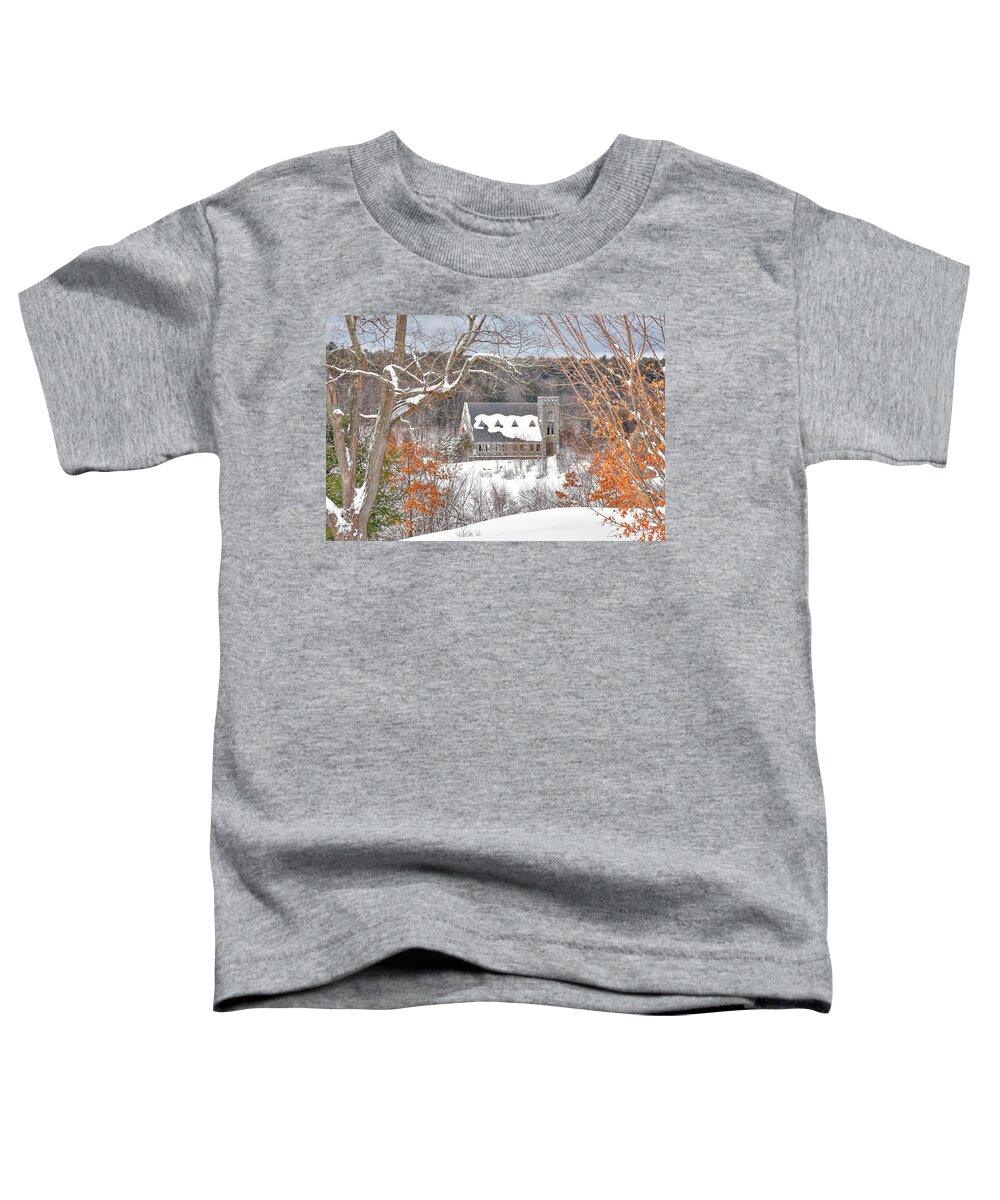 Old Toddler T-Shirt featuring the photograph Old Stone Church in winter by Monika Salvan